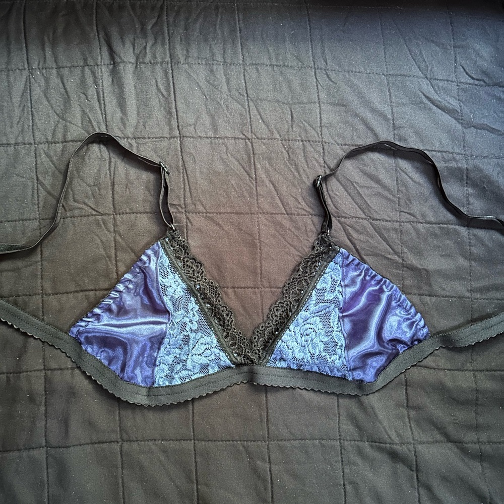 Blue with black lace and satin bralette with adjustable straps